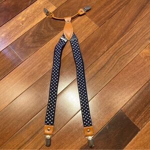 Navy Polka Dot Adjustable Suspenders with Tan Leather Accents Size Toddler